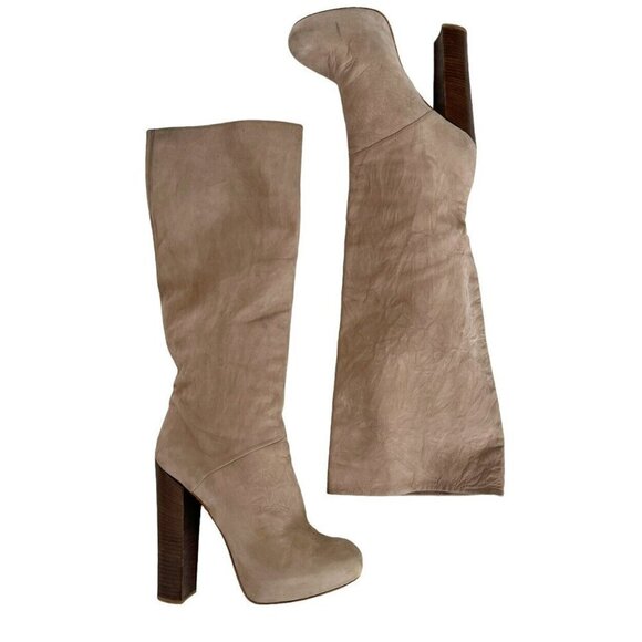 Brian Atwood Women's Sz 8.5 Natural Suede Leather High Stacked Heel Boots - Picture 2 of 11
